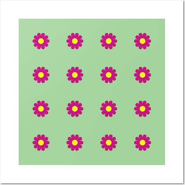 Cerise daisies with Yellow centres on a Spearmint Green background Wall Art by sleepingdogprod